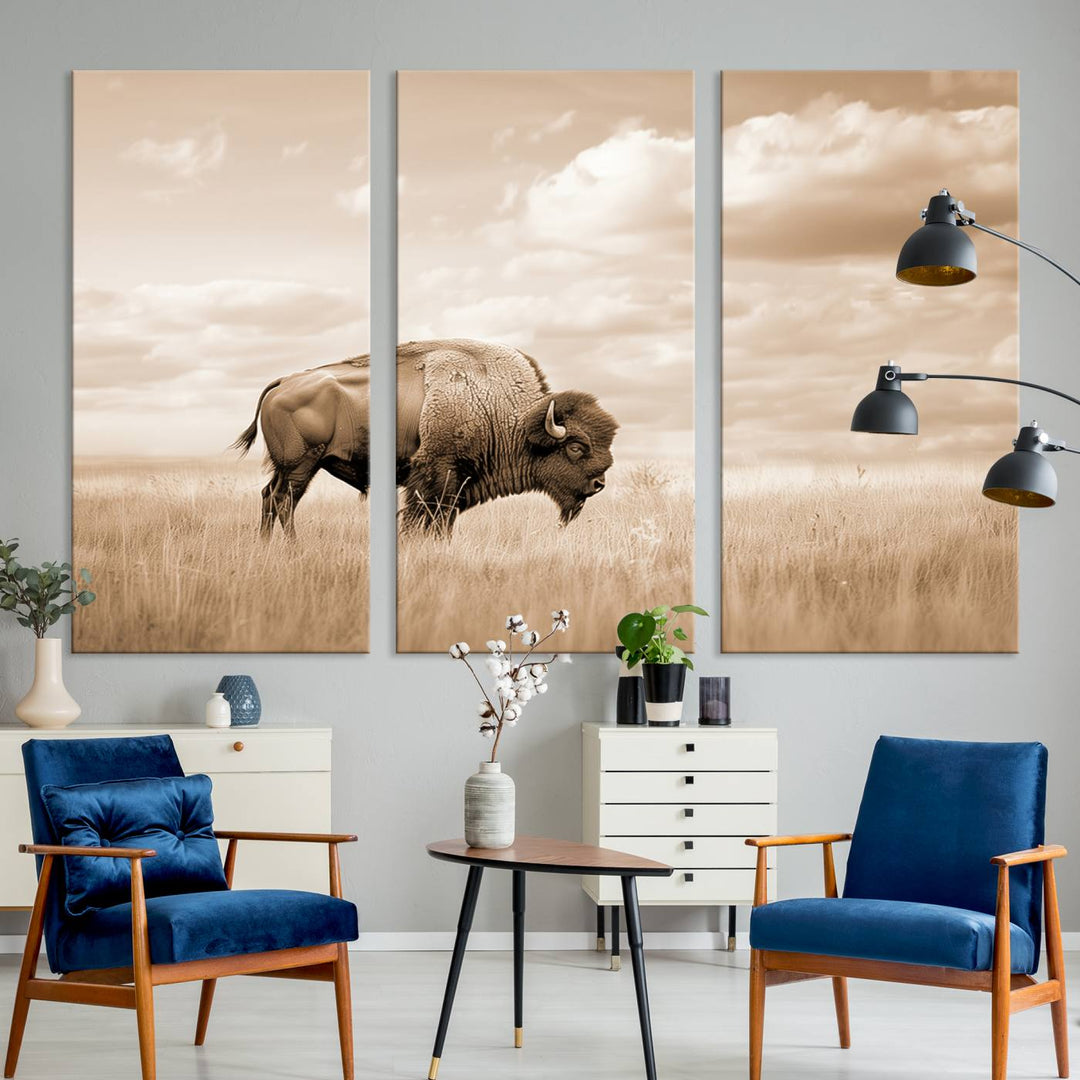 Sepia American Bison Wall Art Print for Farmhouse Wall Decor, Western Canvas Print