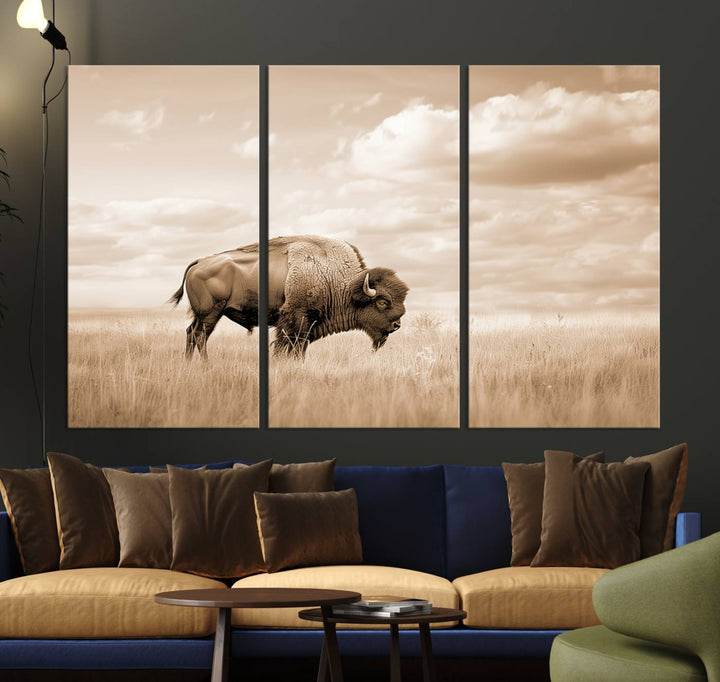 Sepia American Bison Wall Art Print for Farmhouse Wall Decor, Western Canvas Print