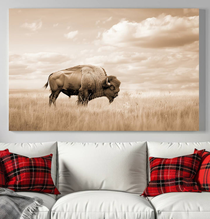 Sepia American Bison Wall Art Print for Farmhouse Wall Decor, Western Canvas Print