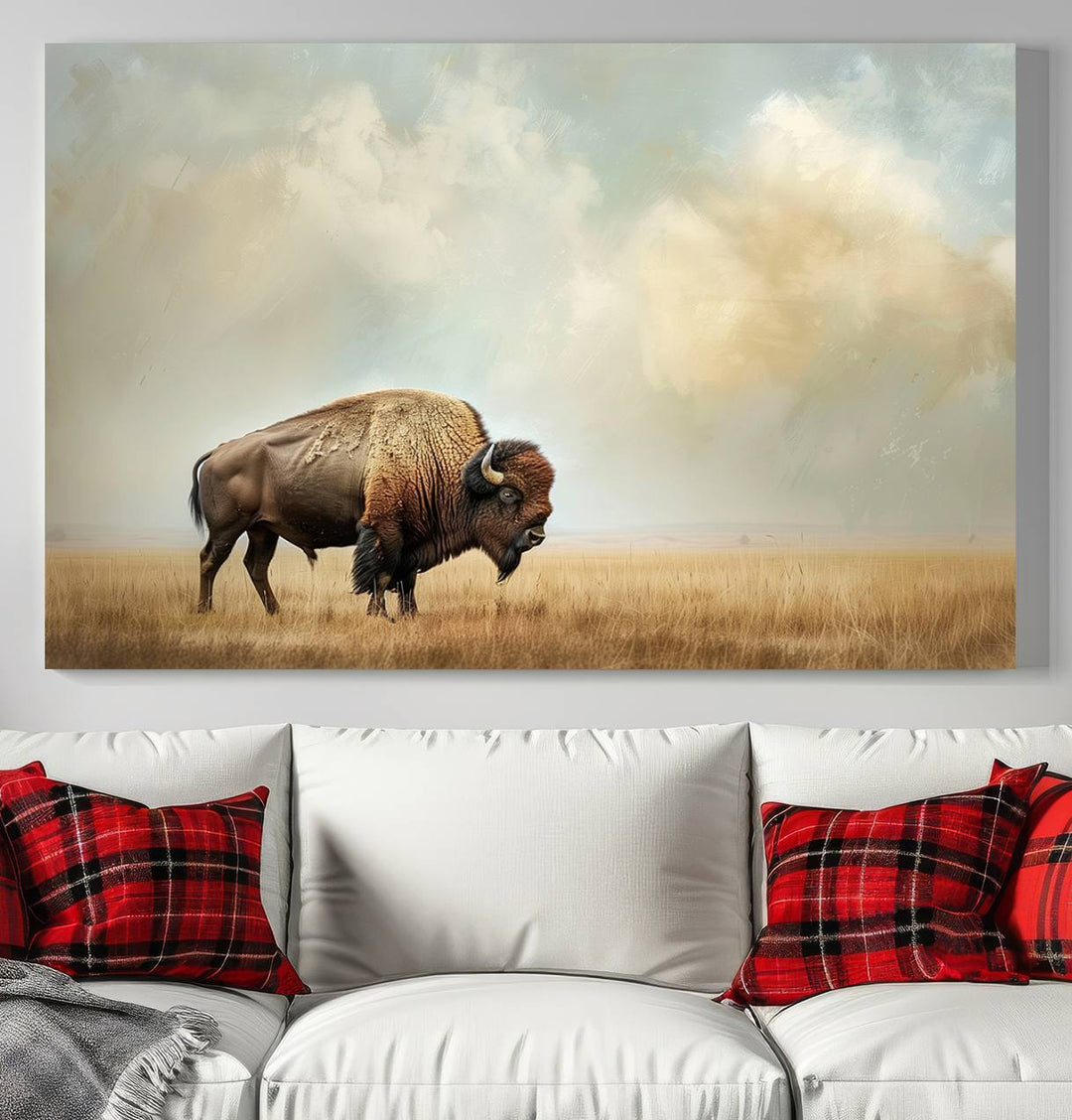 Sepia American Bison Wall Art Print for Farmhouse Wall Decor, Western Canvas Print