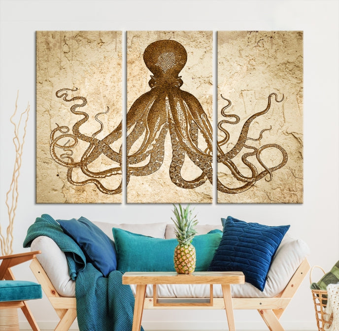 Sepia Octopus Extra Large Animal Canvas Wall Art Print