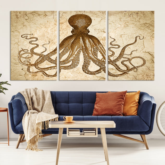 Sepia Octopus Extra Large Animal Canvas Wall Art Print