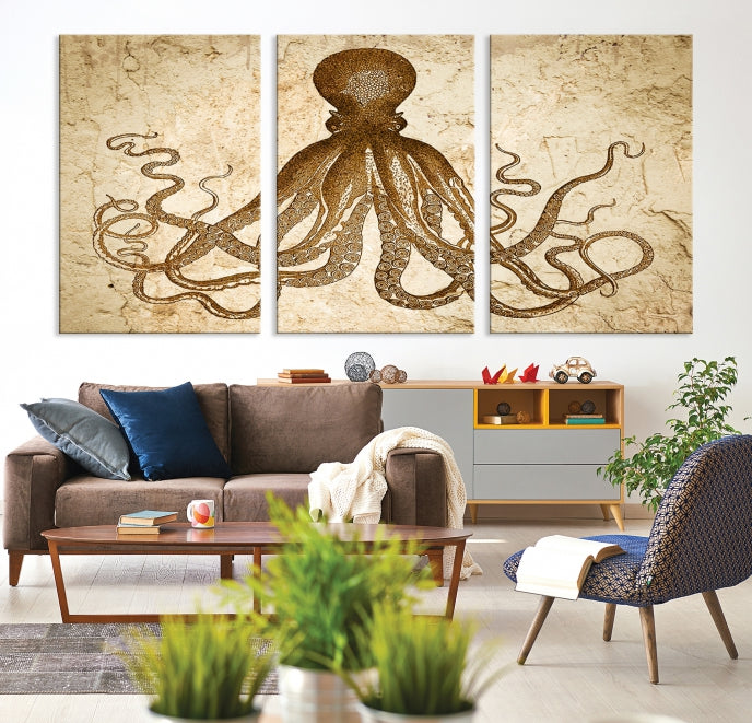 Sepia Octopus Extra Large Animal Canvas Wall Art Print