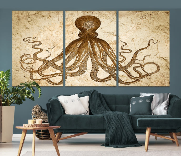 Sepia Octopus Extra Large Animal Canvas Wall Art Print