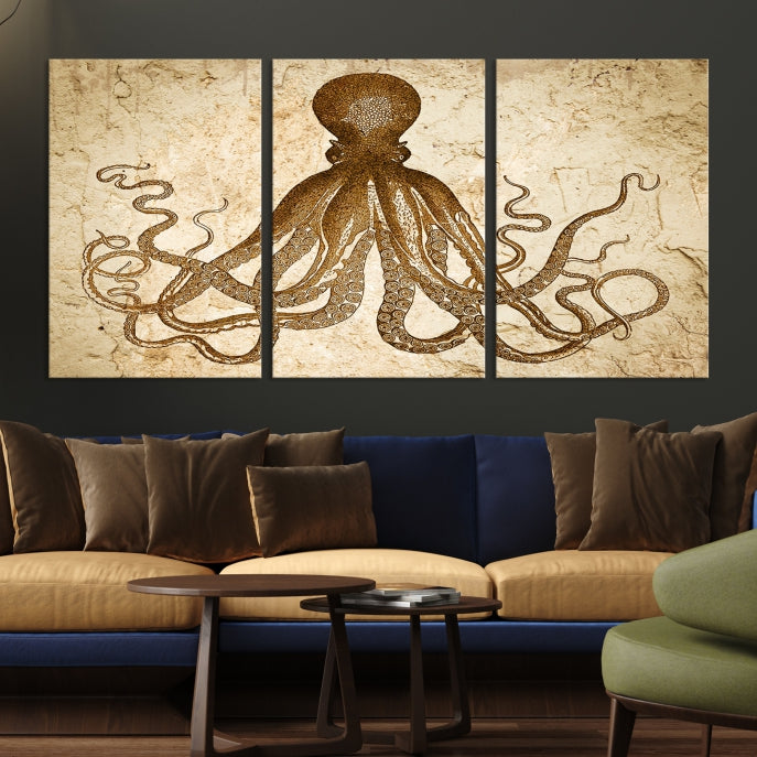 Sepia Octopus Extra Large Animal Canvas Wall Art Print