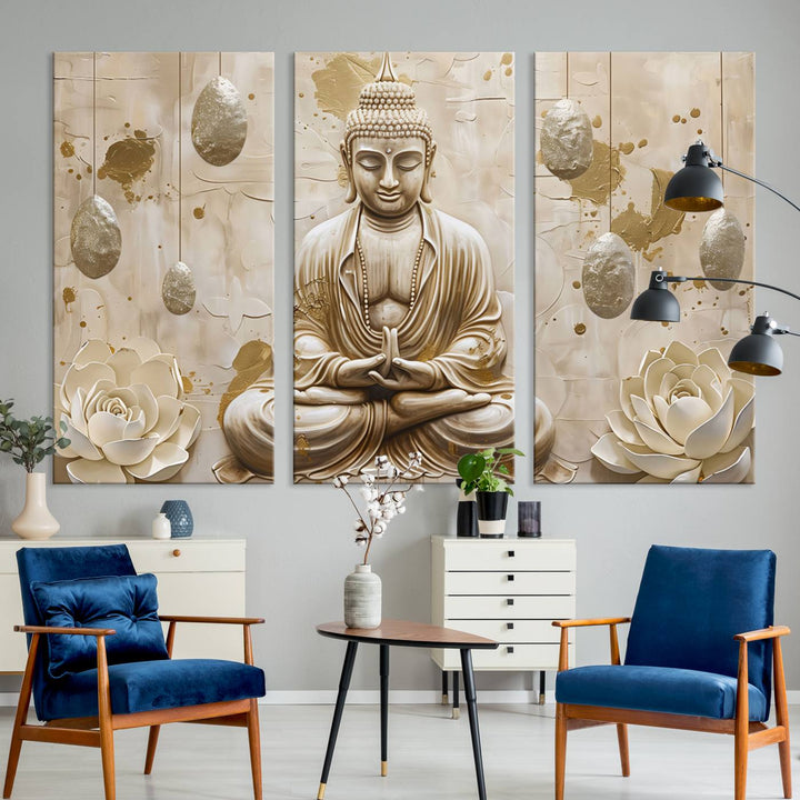 Serene Buddha Wall Art | Buddha Canvas Print with Lotus Flowers – Spiritual Zen Decor for Living Room, Bedroom, or Meditation Space