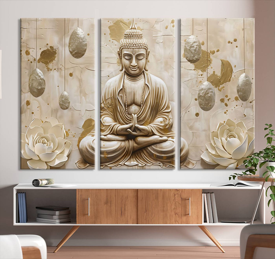 Serene Buddha Wall Art | Buddha Canvas Print with Lotus Flowers – Spiritual Zen Decor for Living Room, Bedroom, or Meditation Space