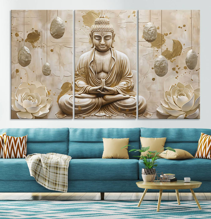 Serene Buddha Wall Art | Buddha Canvas Print with Lotus Flowers – Spiritual Zen Decor for Living Room, Bedroom, or Meditation Space