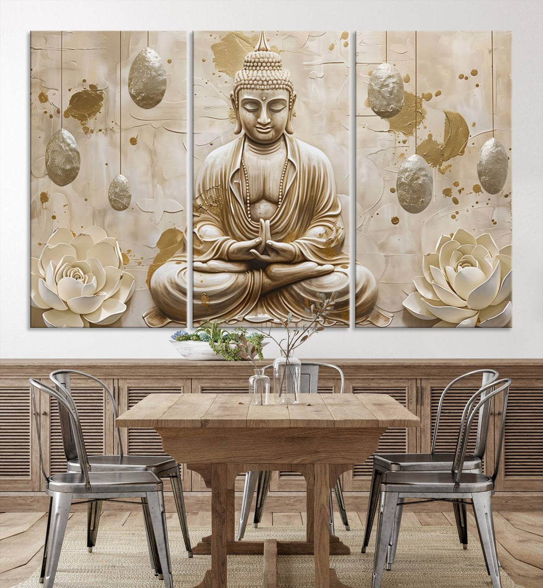 Serene Buddha Wall Art | Buddha Canvas Print with Lotus Flowers – Spiritual Zen Decor for Living Room, Bedroom, or Meditation Space