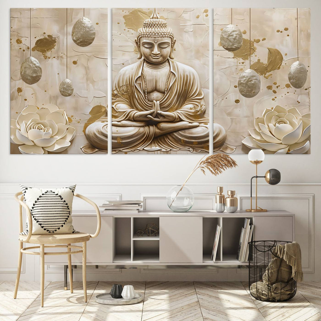 Serene Buddha Wall Art | Buddha Canvas Print with Lotus Flowers – Spiritual Zen Decor for Living Room, Bedroom, or Meditation Space