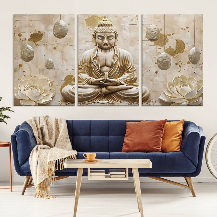 Serene Buddha Wall Art | Buddha Canvas Print with Lotus Flowers – Spiritual Zen Decor for Living Room, Bedroom, or Meditation Space