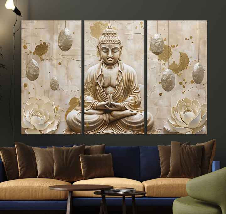 Serene Buddha Wall Art | Buddha Canvas Print with Lotus Flowers – Spiritual Zen Decor for Living Room, Bedroom, or Meditation Space