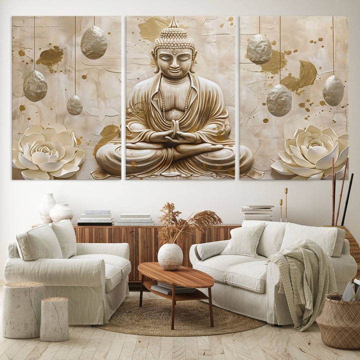 Serene Buddha Wall Art | Buddha Canvas Print with Lotus Flowers – Spiritual Zen Decor for Living Room, Bedroom, or Meditation Space