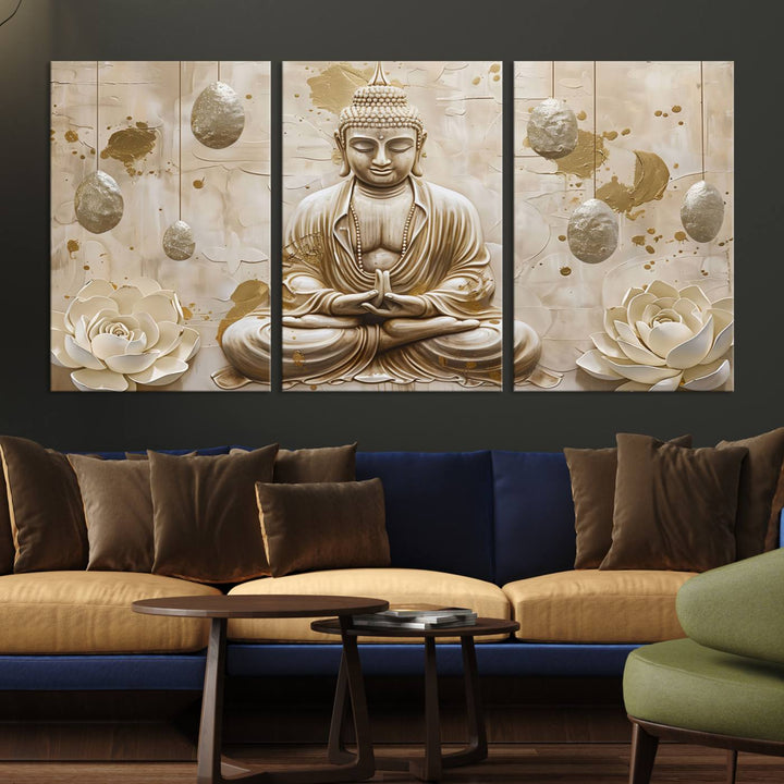 Serene Buddha Wall Art | Buddha Canvas Print with Lotus Flowers – Spiritual Zen Decor for Living Room, Bedroom, or Meditation Space