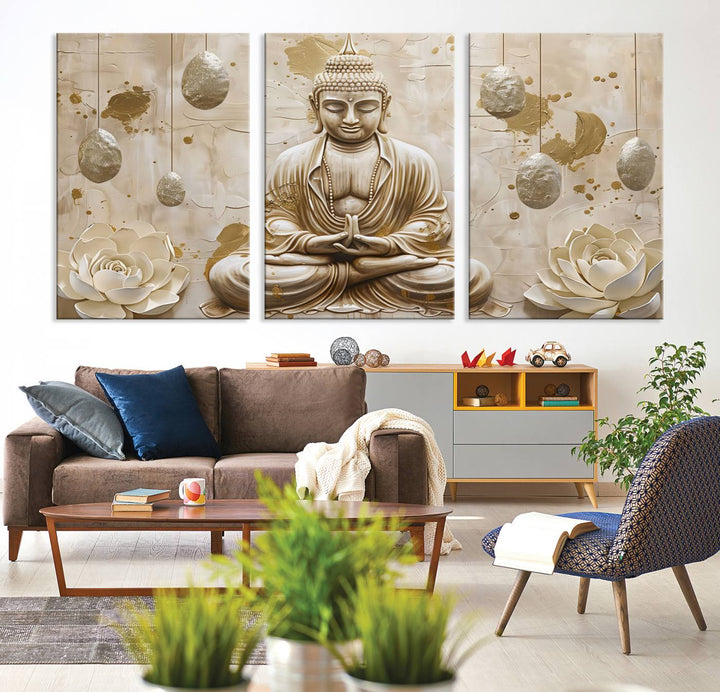 Serene Buddha Wall Art | Buddha Canvas Print with Lotus Flowers – Spiritual Zen Decor for Living Room, Bedroom, or Meditation Space