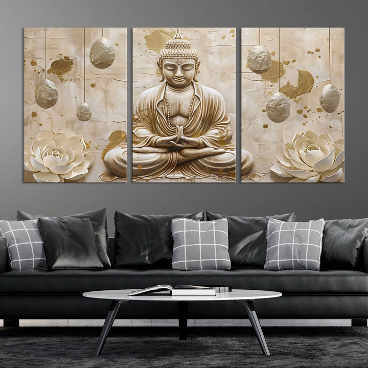 Serene Buddha Wall Art | Buddha Canvas Print with Lotus Flowers – Spiritual Zen Decor for Living Room, Bedroom, or Meditation Space