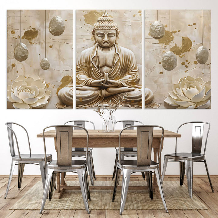 Serene Buddha Wall Art | Buddha Canvas Print with Lotus Flowers – Spiritual Zen Decor for Living Room, Bedroom, or Meditation Space