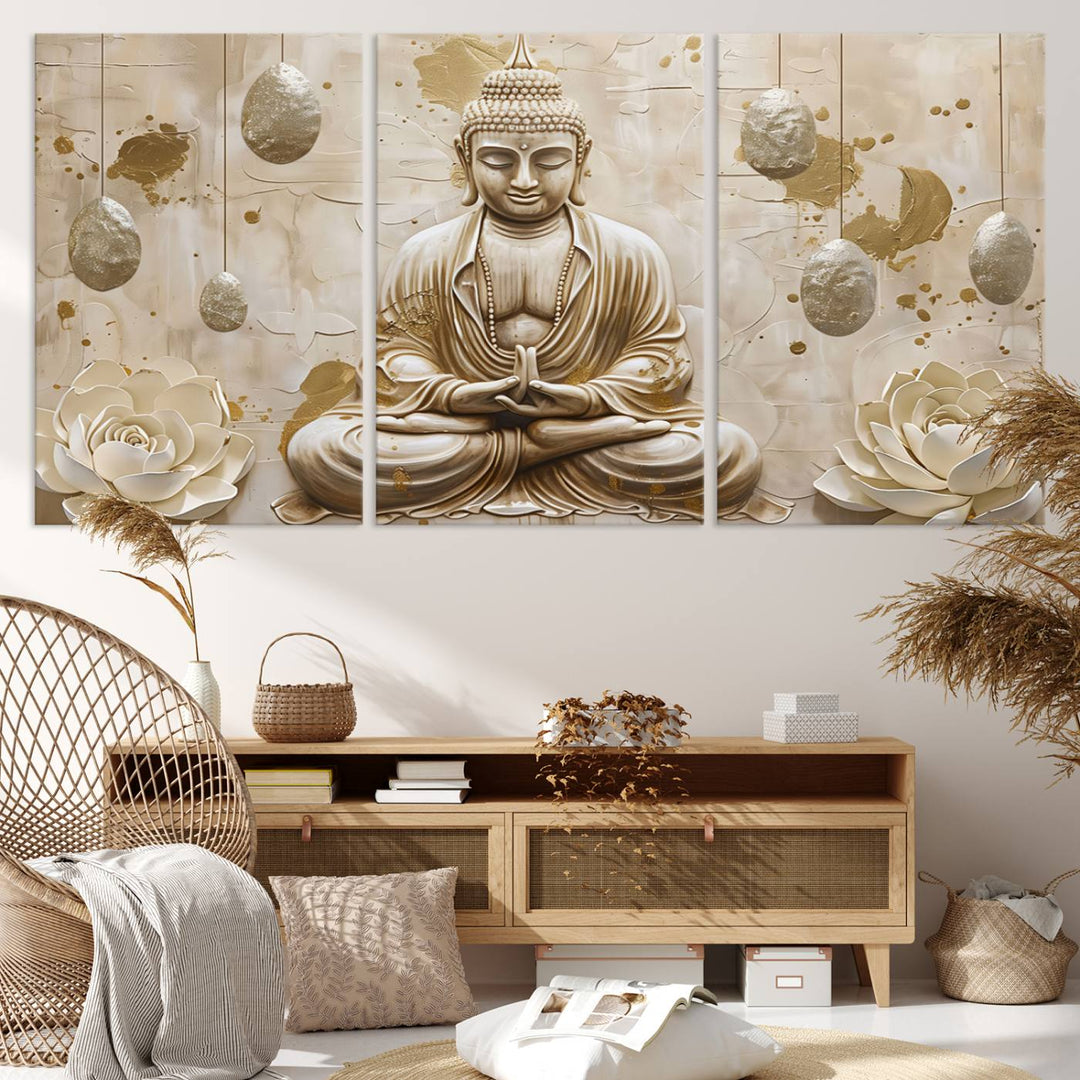 Serene Buddha Wall Art | Buddha Canvas Print with Lotus Flowers – Spiritual Zen Decor for Living Room, Bedroom, or Meditation Space