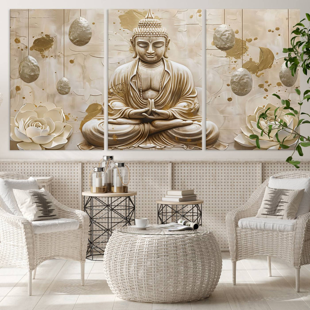 Serene Buddha Wall Art | Buddha Canvas Print with Lotus Flowers – Spiritual Zen Decor for Living Room, Bedroom, or Meditation Space