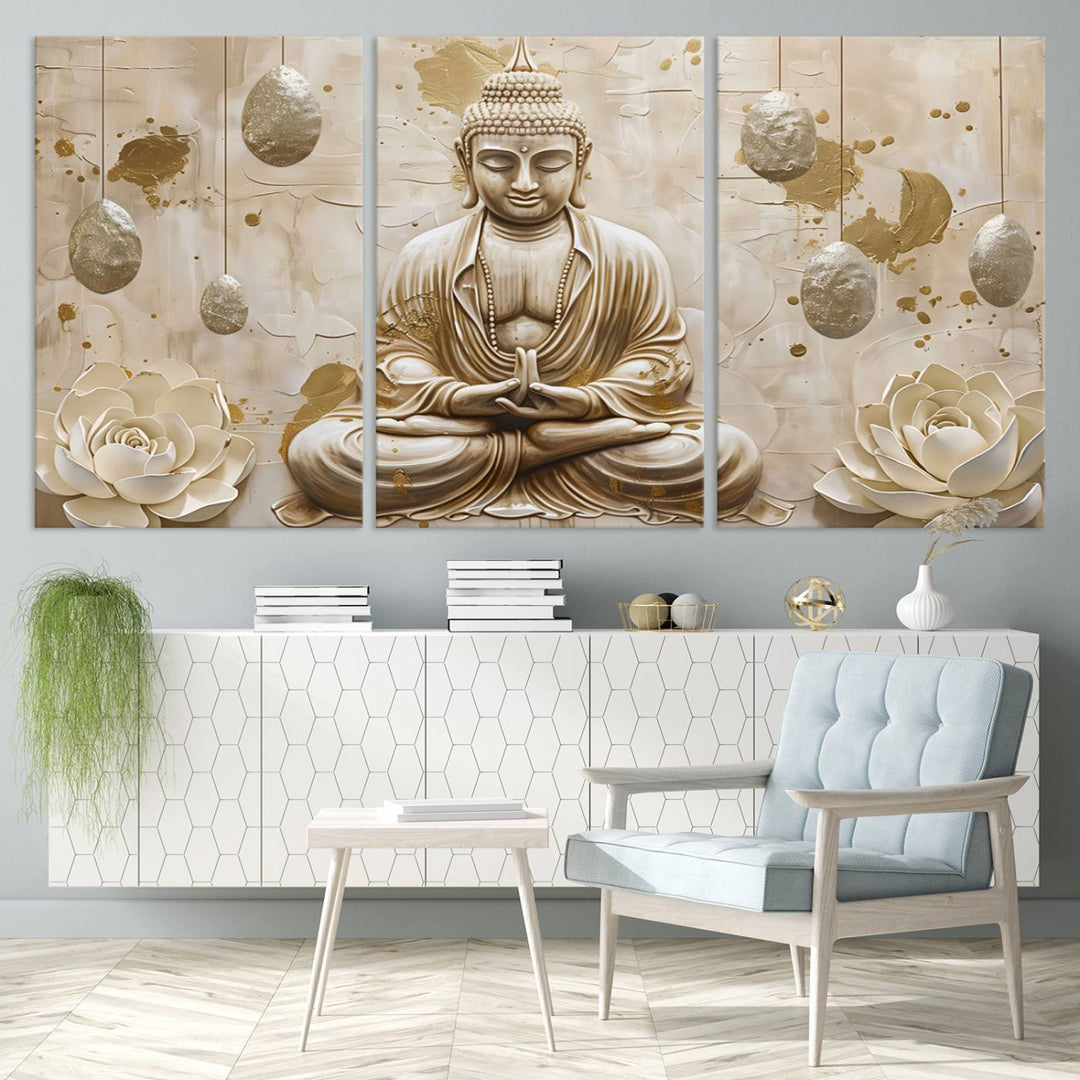 Serene Buddha Wall Art | Buddha Canvas Print with Lotus Flowers – Spiritual Zen Decor for Living Room, Bedroom, or Meditation Space