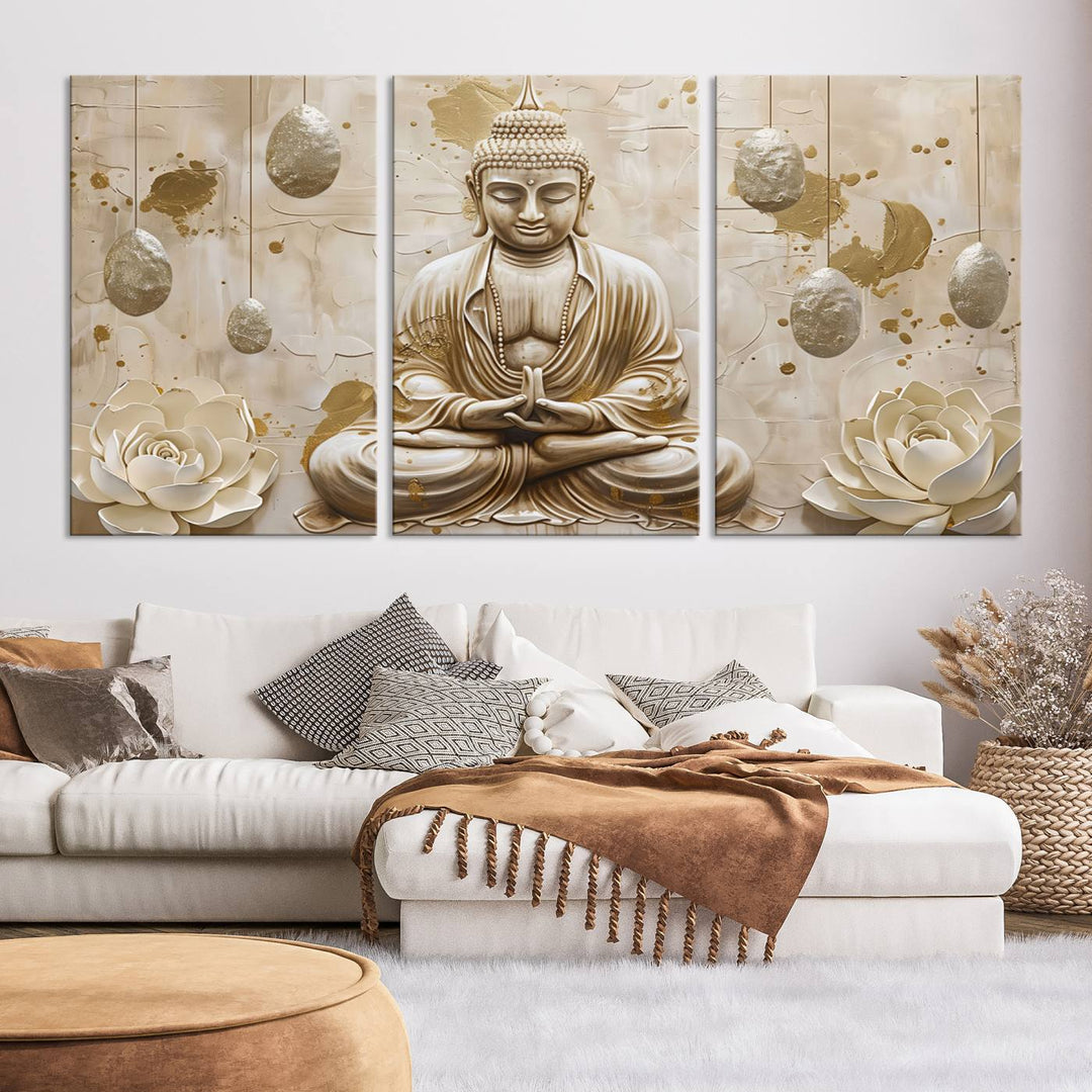 Serene Buddha Wall Art | Buddha Canvas Print with Lotus Flowers – Spiritual Zen Decor for Living Room, Bedroom, or Meditation Space