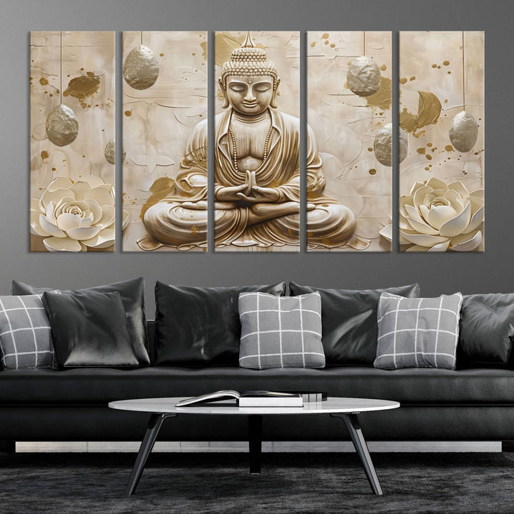 Serene Buddha Wall Art | Buddha Canvas Print with Lotus Flowers – Spiritual Zen Decor for Living Room, Bedroom, or Meditation Space