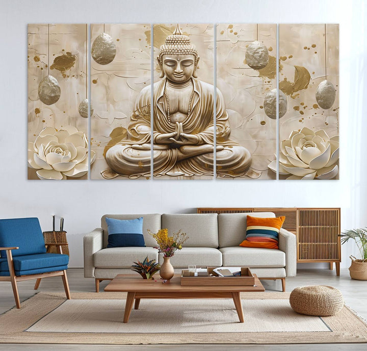 Serene Buddha Wall Art | Buddha Canvas Print with Lotus Flowers – Spiritual Zen Decor for Living Room, Bedroom, or Meditation Space