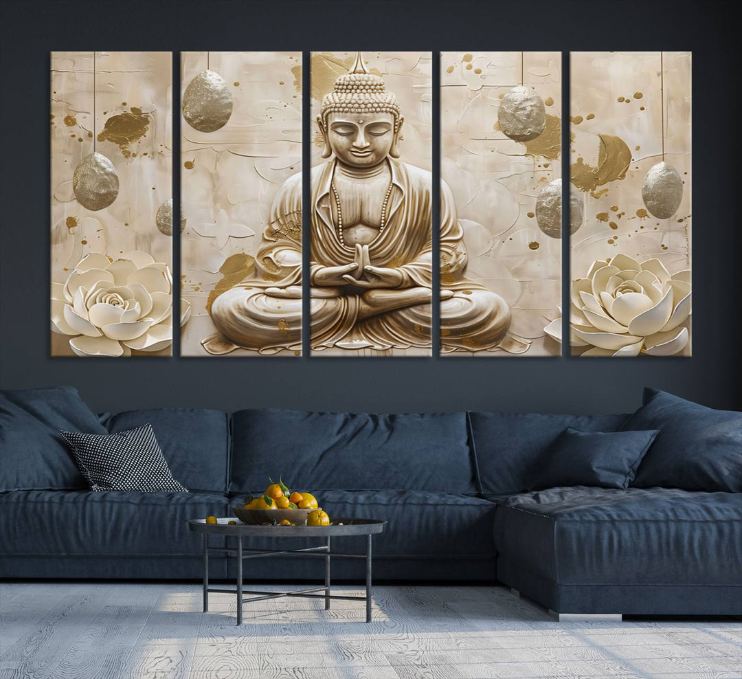 Serene Buddha Wall Art | Buddha Canvas Print with Lotus Flowers – Spiritual Zen Decor for Living Room, Bedroom, or Meditation Space