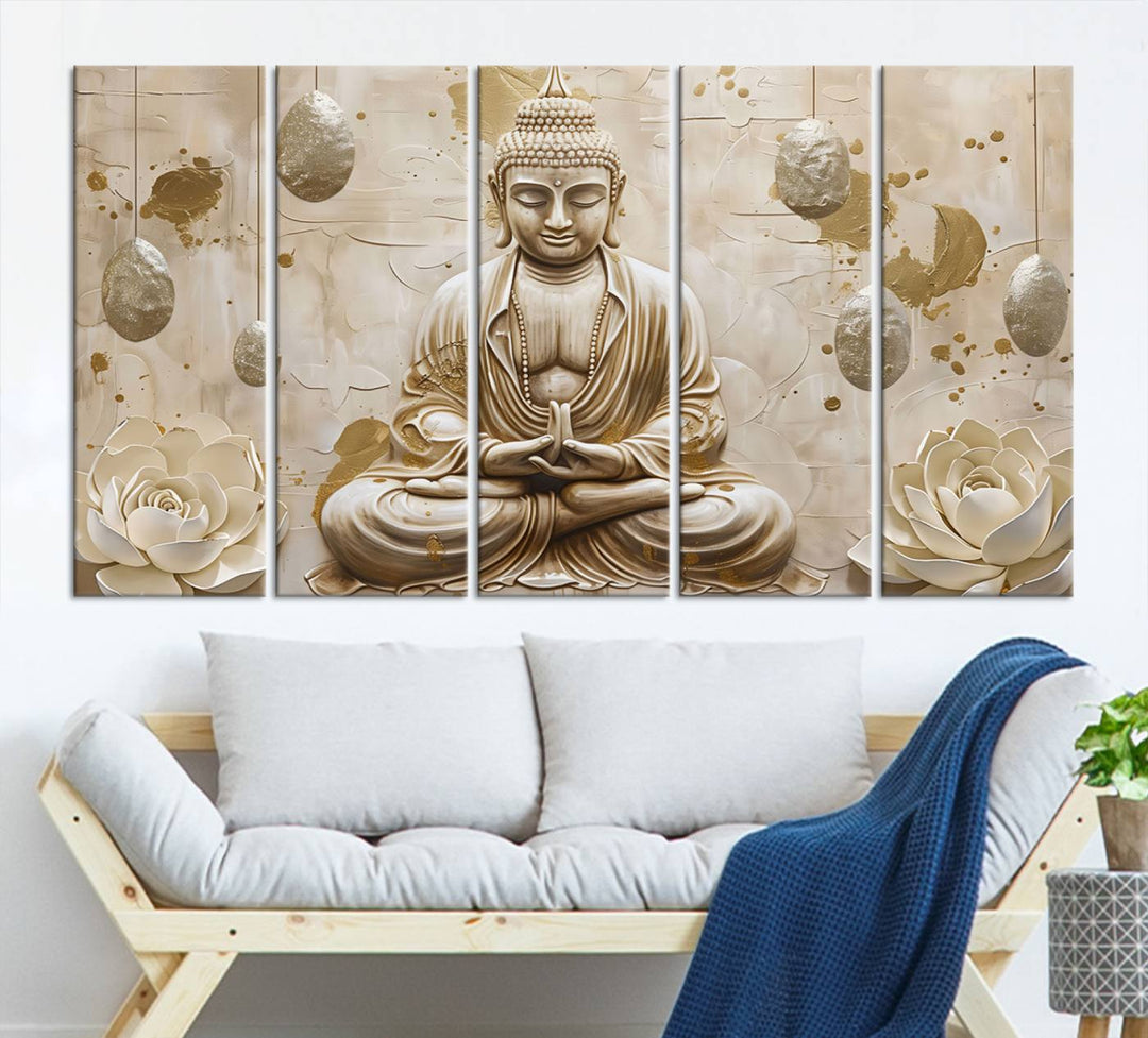 Serene Buddha Wall Art | Buddha Canvas Print with Lotus Flowers – Spiritual Zen Decor for Living Room, Bedroom, or Meditation Space