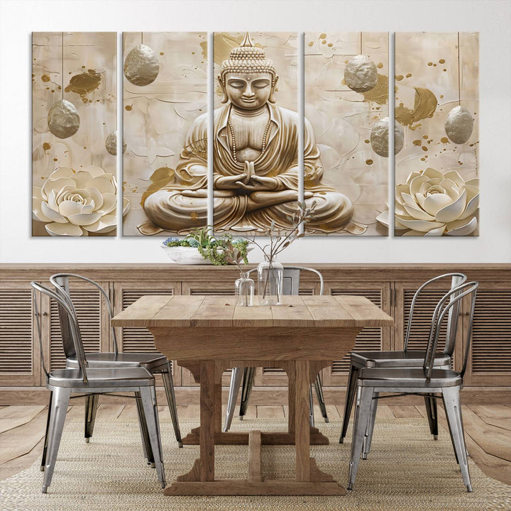 Serene Buddha Wall Art | Buddha Canvas Print with Lotus Flowers – Spiritual Zen Decor for Living Room, Bedroom, or Meditation Space