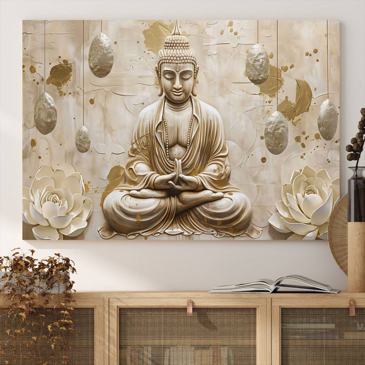 Serene Buddha Wall Art | Buddha Canvas Print with Lotus Flowers – Spiritual Zen Decor for Living Room, Bedroom, or Meditation Space