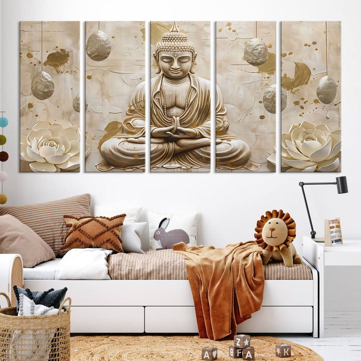 Serene Buddha Wall Art | Buddha Canvas Print with Lotus Flowers – Spiritual Zen Decor for Living Room, Bedroom, or Meditation Space