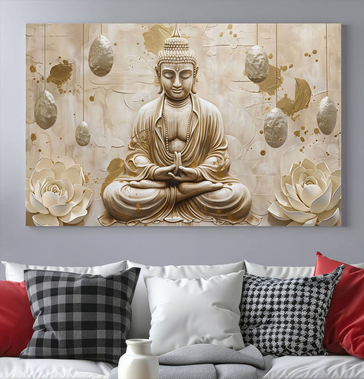 Serene Buddha Wall Art | Buddha Canvas Print with Lotus Flowers – Spiritual Zen Decor for Living Room, Bedroom, or Meditation Space