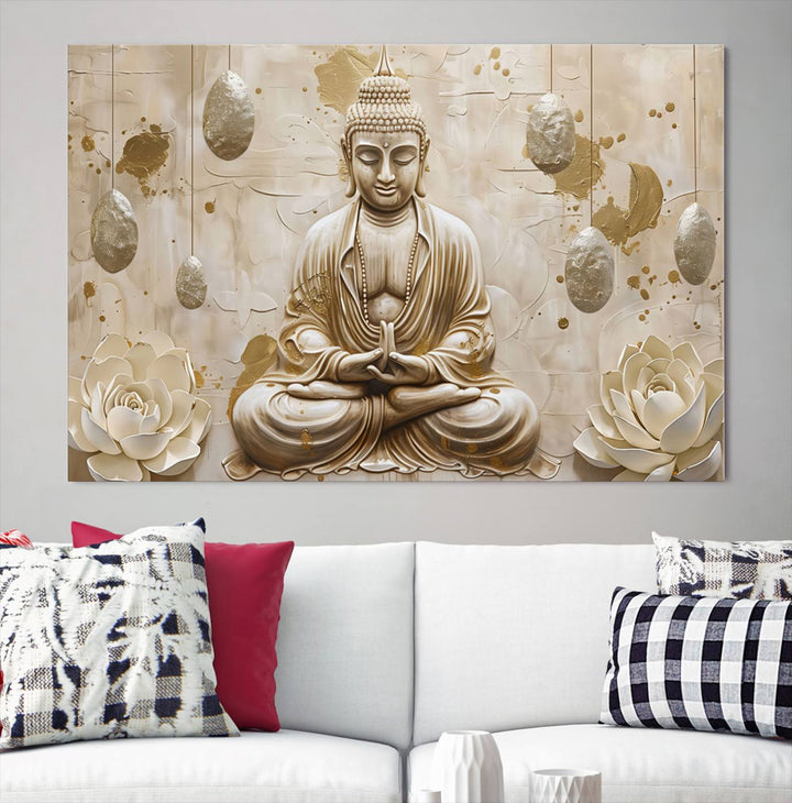 Serene Buddha Wall Art | Buddha Canvas Print with Lotus Flowers – Spiritual Zen Decor for Living Room, Bedroom, or Meditation Space