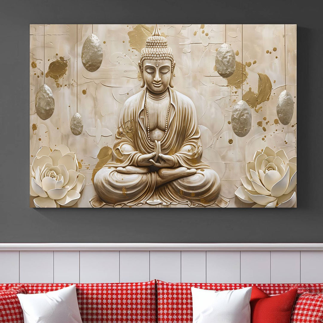 Serene Buddha Wall Art | Buddha Canvas Print with Lotus Flowers – Spiritual Zen Decor for Living Room, Bedroom, or Meditation Space