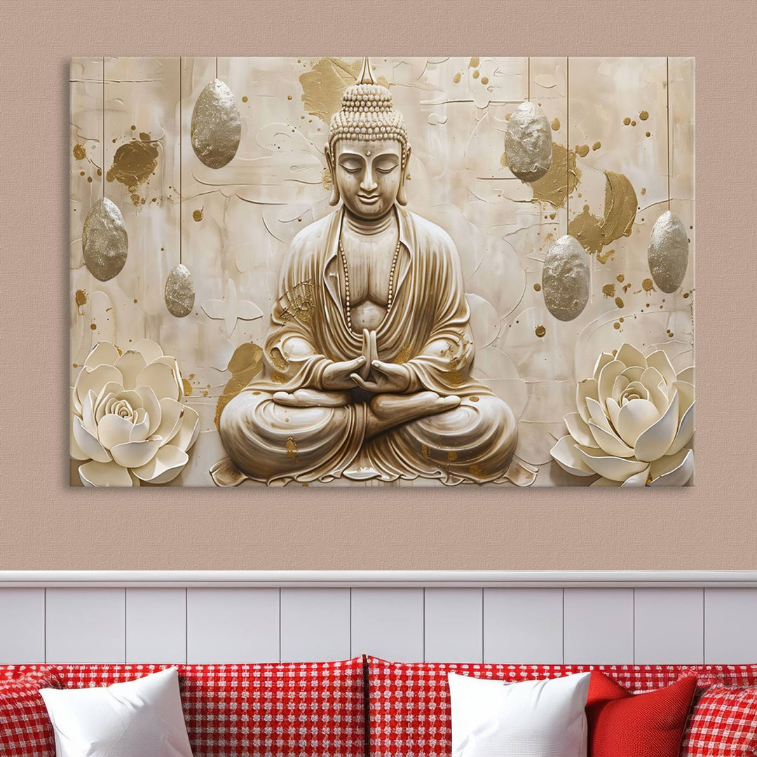 Serene Buddha Wall Art | Buddha Canvas Print with Lotus Flowers – Spiritual Zen Decor for Living Room, Bedroom, or Meditation Space