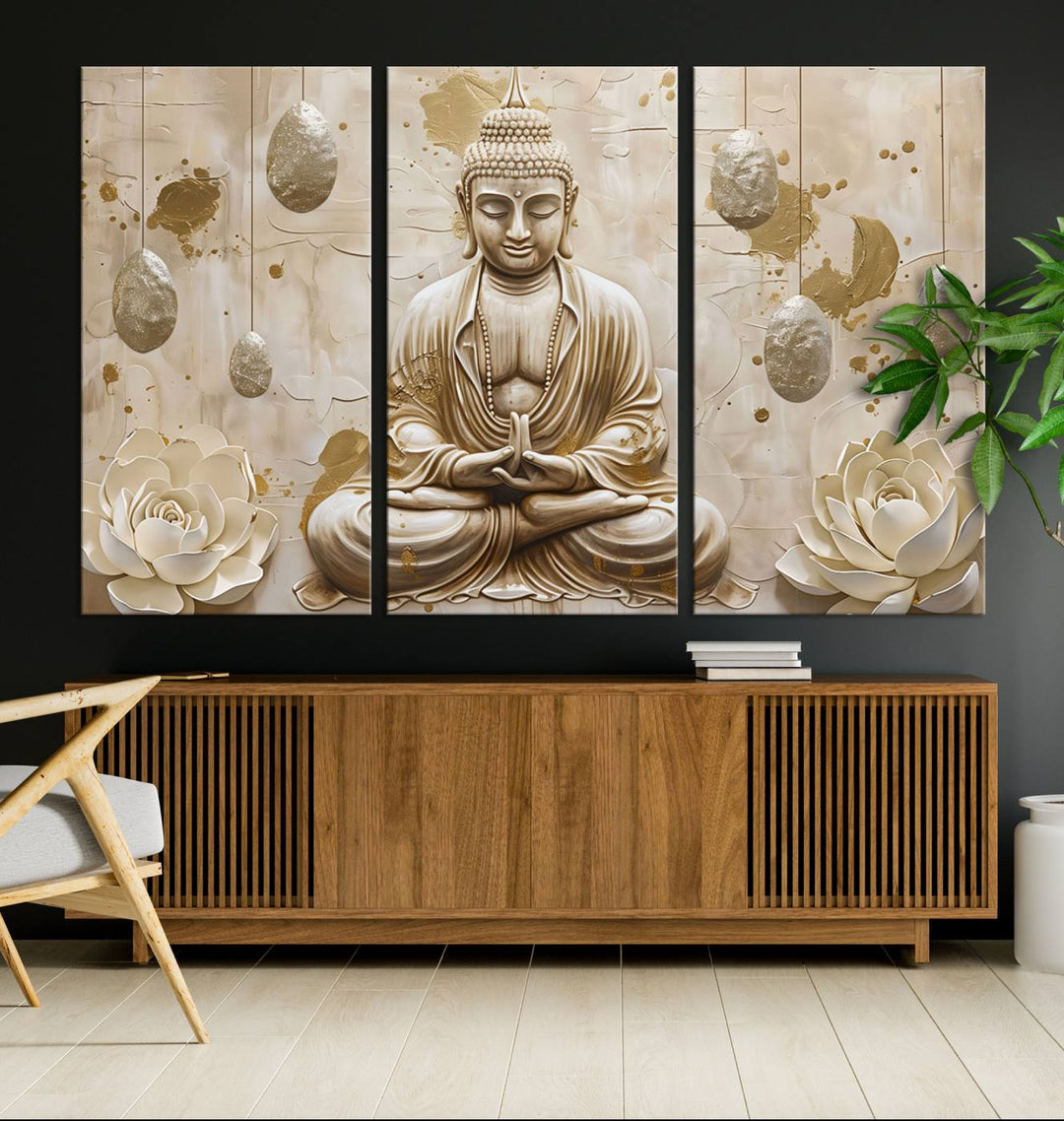 Serene Buddha Wall Art | Buddha Canvas Print with Lotus Flowers – Spiritual Zen Decor for Living Room, Bedroom, or Meditation Space