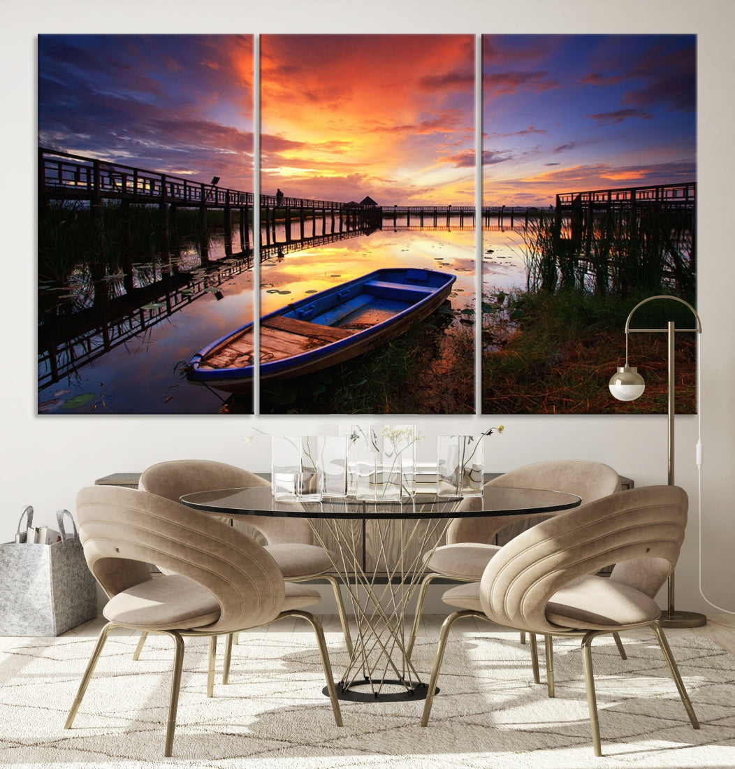 Serene Lake Boat Adventure at Sunset Wall Art Canvas Print