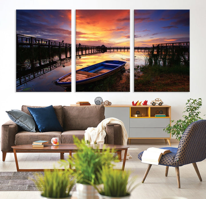 Serene Lake Boat Adventure at Sunset Wall Art Canvas Print