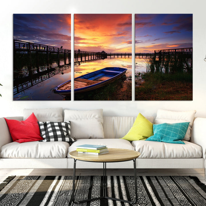 Serene Lake Boat Adventure at Sunset Wall Art Canvas Print