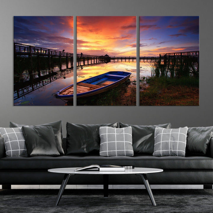 Serene Lake Boat Adventure at Sunset Wall Art Canvas Print