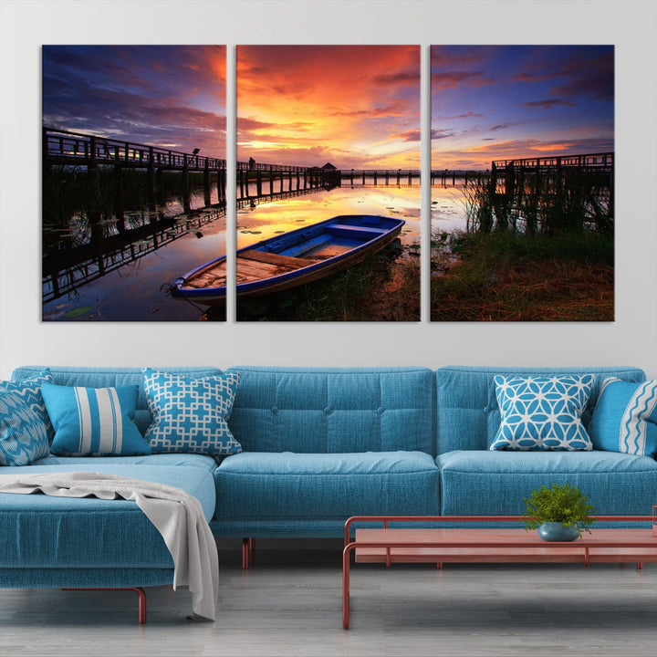 Serene Lake Boat Adventure at Sunset Wall Art Canvas Print