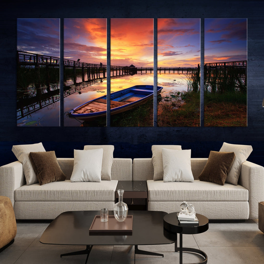 Serene Lake Boat Adventure at Sunset Wall Art Canvas Print