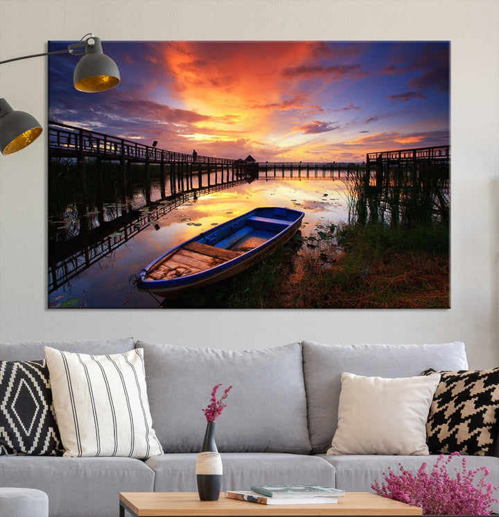 Serene Lake Boat Adventure at Sunset Wall Art Canvas Print