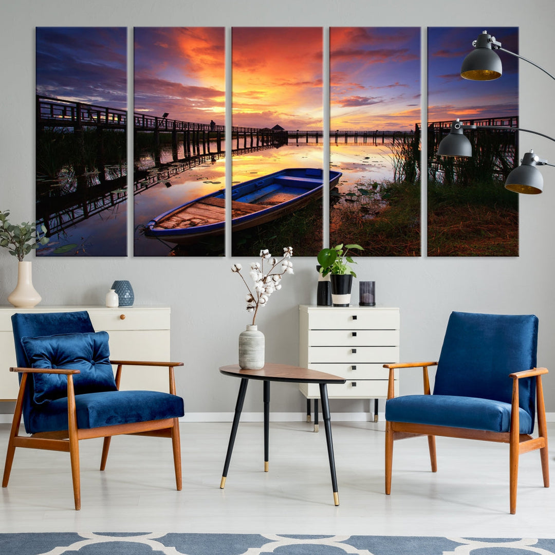 Serene Lake Boat Adventure at Sunset Wall Art Canvas Print