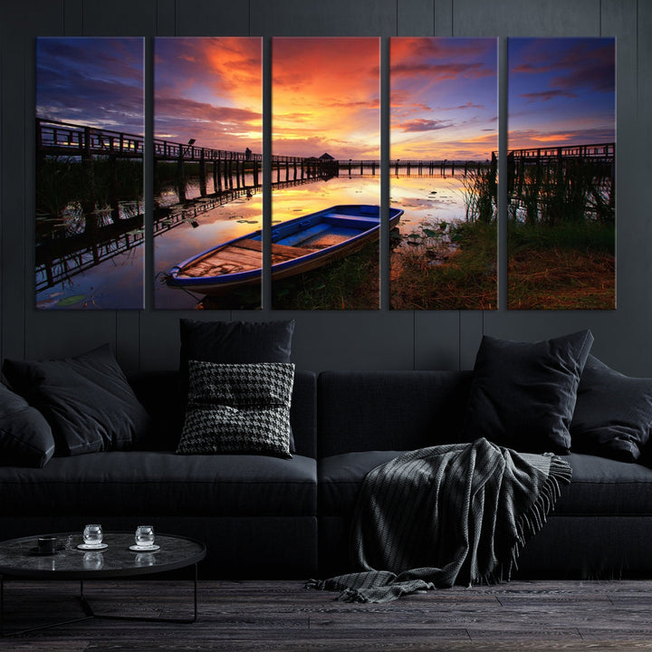 Serene Lake Boat Adventure at Sunset Wall Art Canvas Print