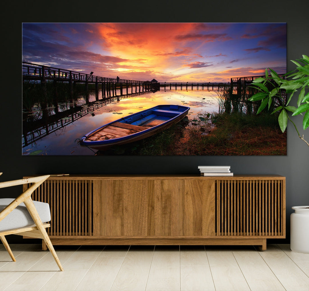 Serene Lake Boat Adventure at Sunset Wall Art Canvas Print