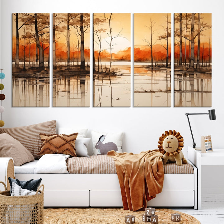 Serene Sunset Landscape Canvas Print Watercolor Painting Forest Nature Wall Art