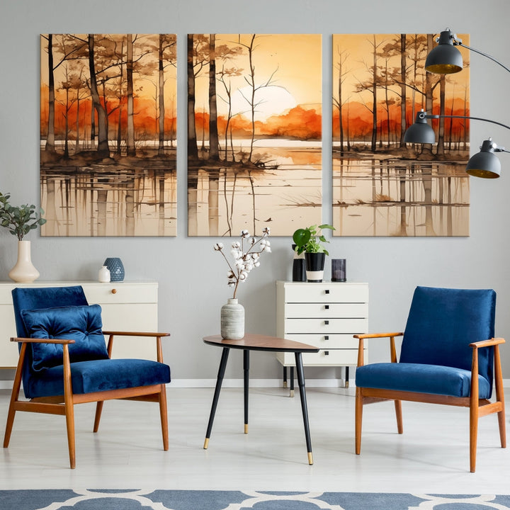 Serene Sunset Landscape Canvas Print Watercolor Painting Forest Nature Wall Art