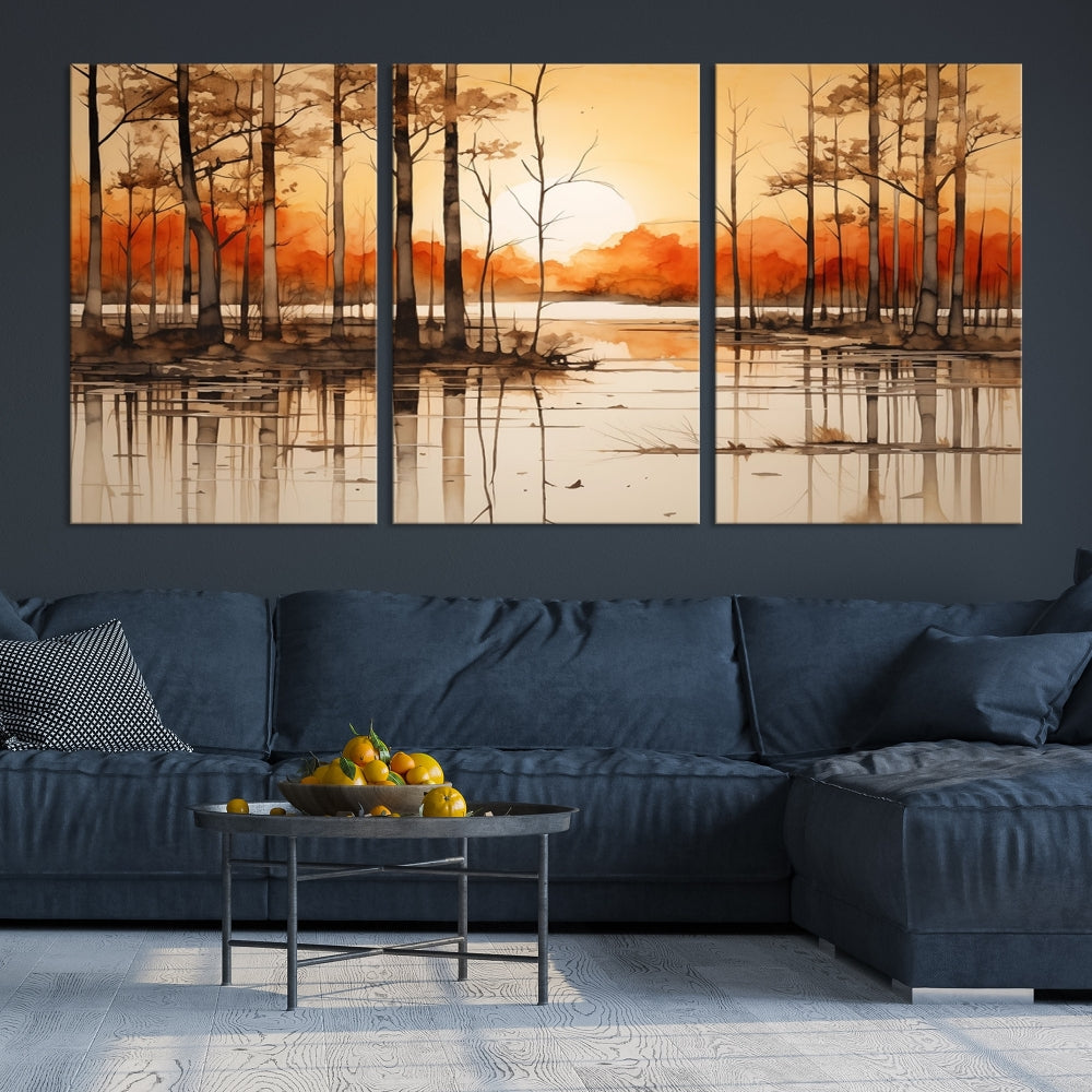 Serene Sunset Landscape Canvas Print Watercolor Painting Forest Nature Wall Art